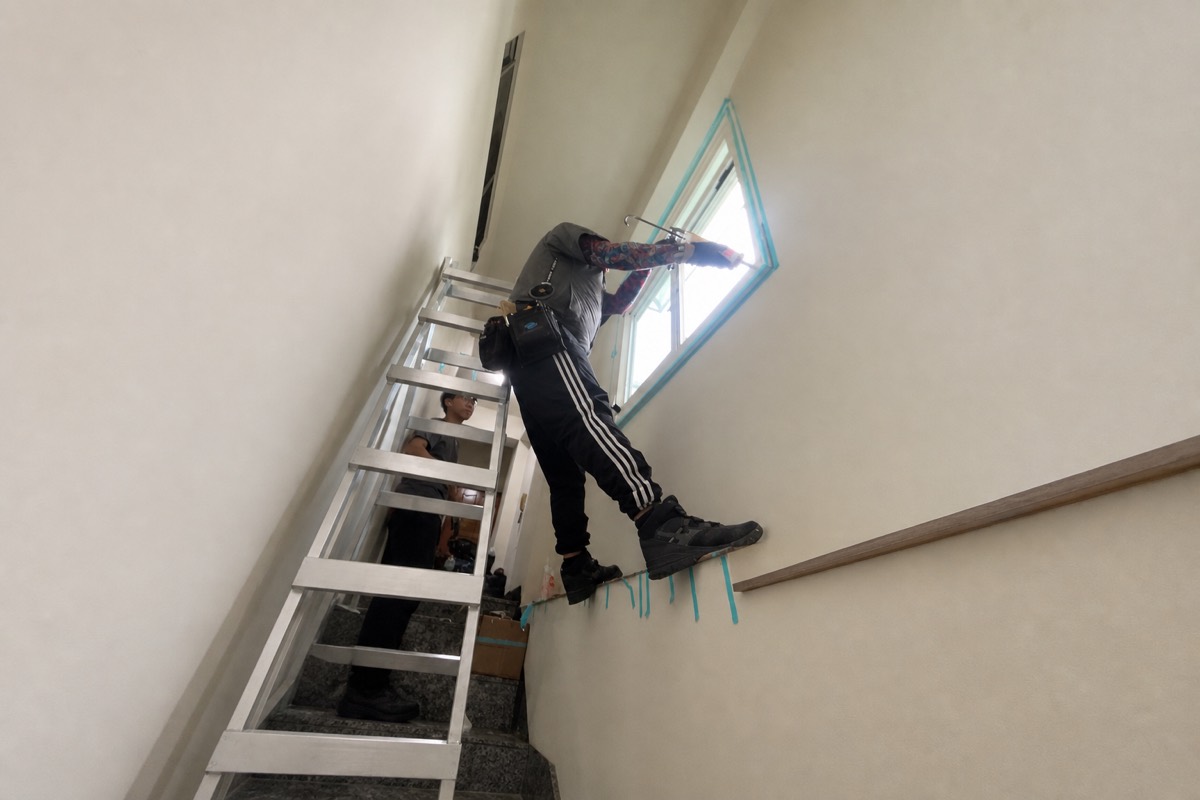 師傅使用伸縮梯進行樓梯間窗戶施工